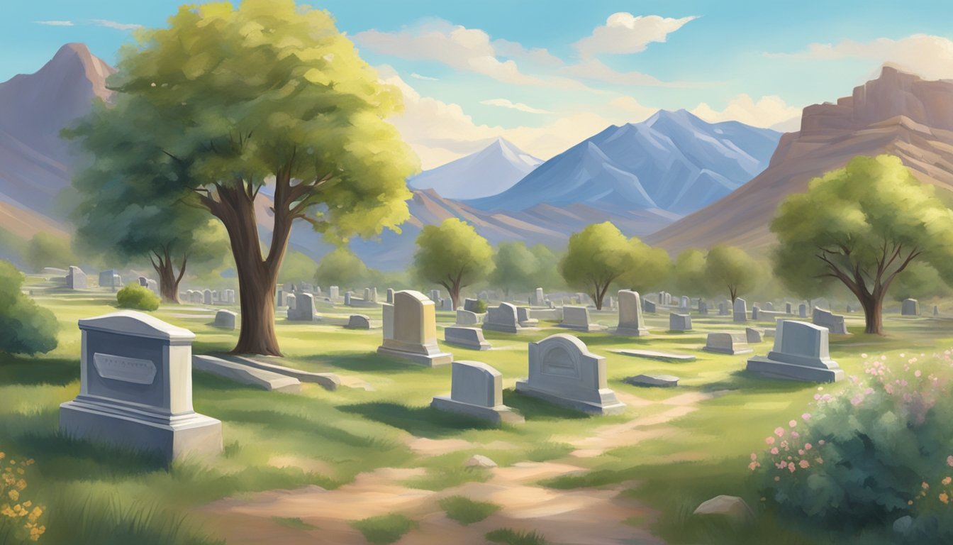 A serene landscape in Utah with a peaceful cemetery surrounded by mountains, and a gentle breeze blowing through the trees