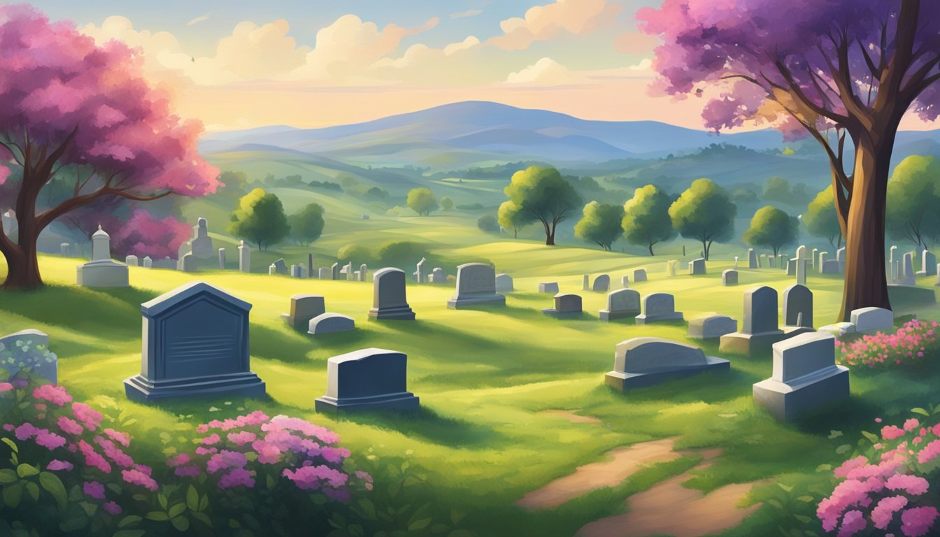 A serene landscape with a peaceful cemetery nestled among rolling hills and surrounded by vibrant greenery