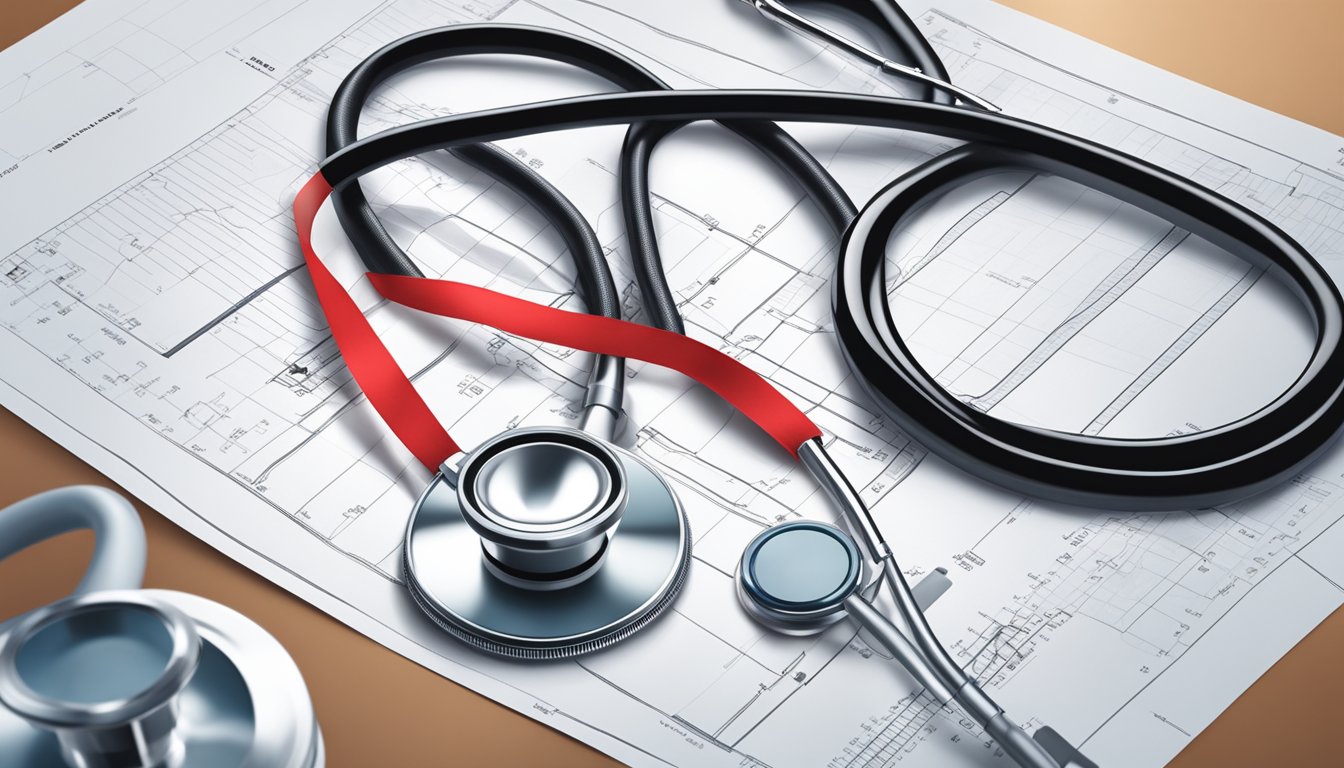 A stethoscope draped over a medical chart with a red ribbon tied around it