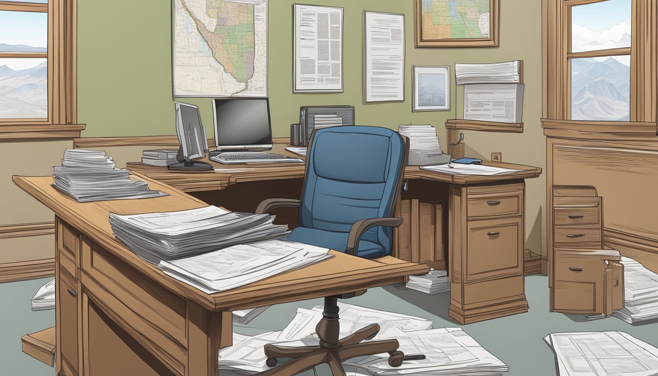 An office desk with a computer, paperwork, and a stack of legal documents. A map of Utah hangs on the wall