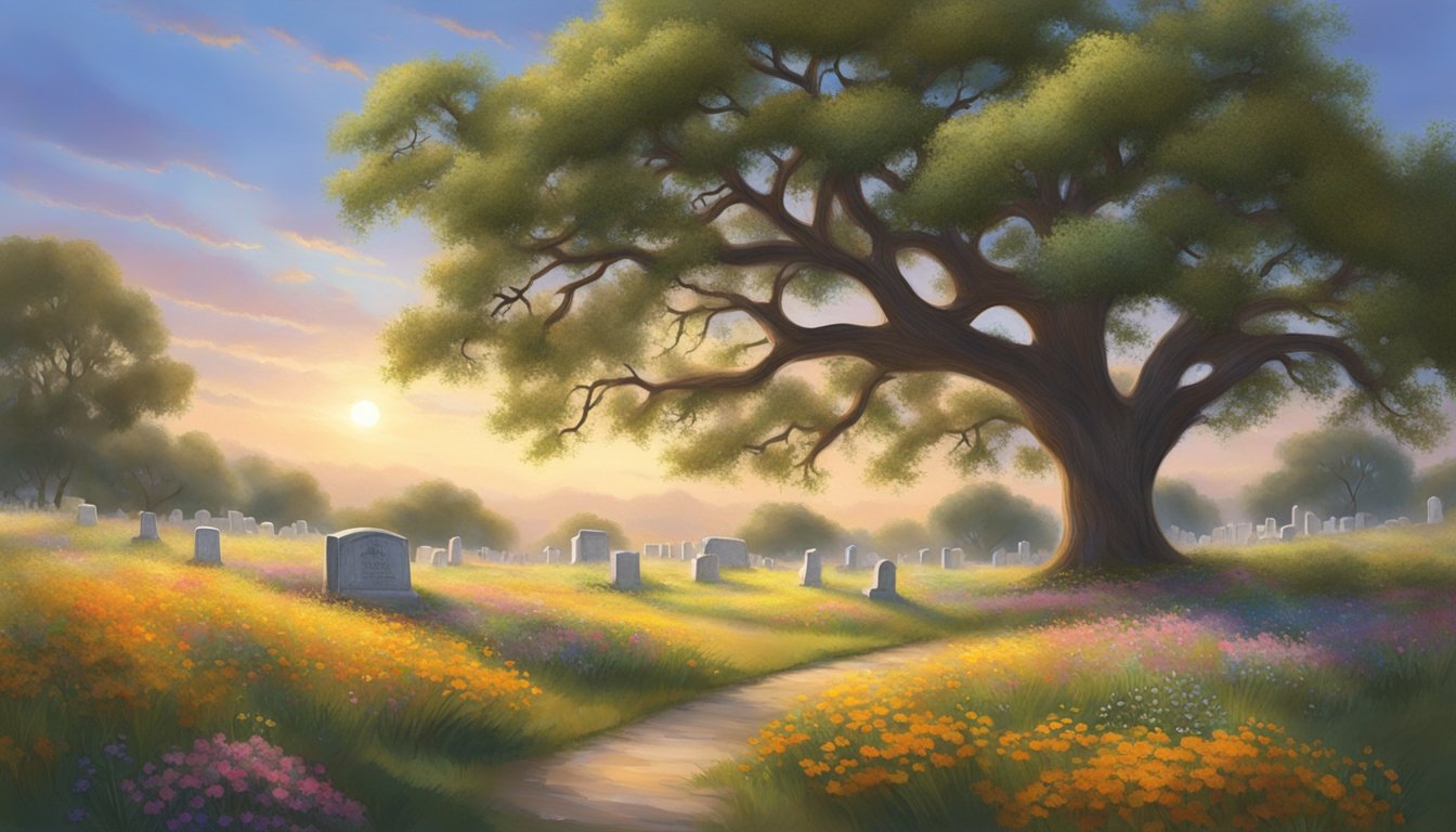 A lone oak tree stands in a peaceful Texas cemetery, surrounded by colorful wildflowers and gently swaying grass. The warm sunlight bathes the scene, creating a tranquil and serene atmosphere