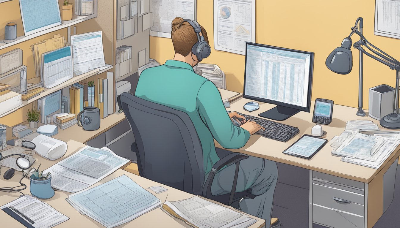 A person researching dread disease insurance, surrounded by medical charts, a computer, and insurance documents