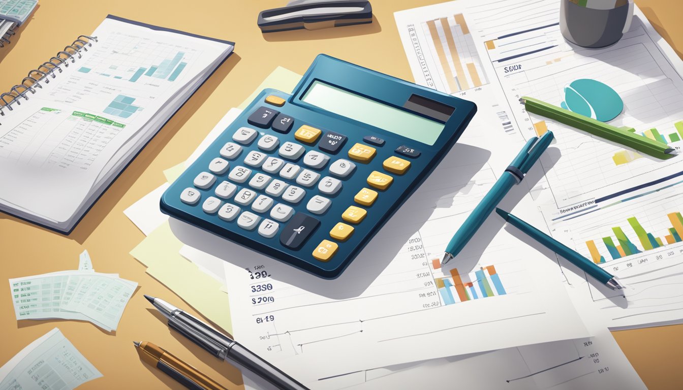 A table with a calculator, paperwork, and a graph showing rising costs