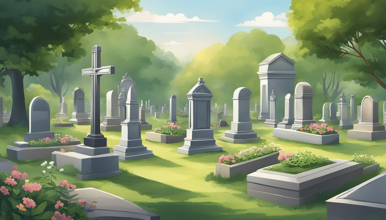 A serene cemetery with a variety of burial plots, surrounded by lush greenery and peaceful ambiance