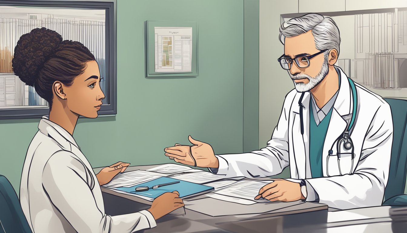 A doctor explaining dread disease policy to a concerned patient in a modern medical office