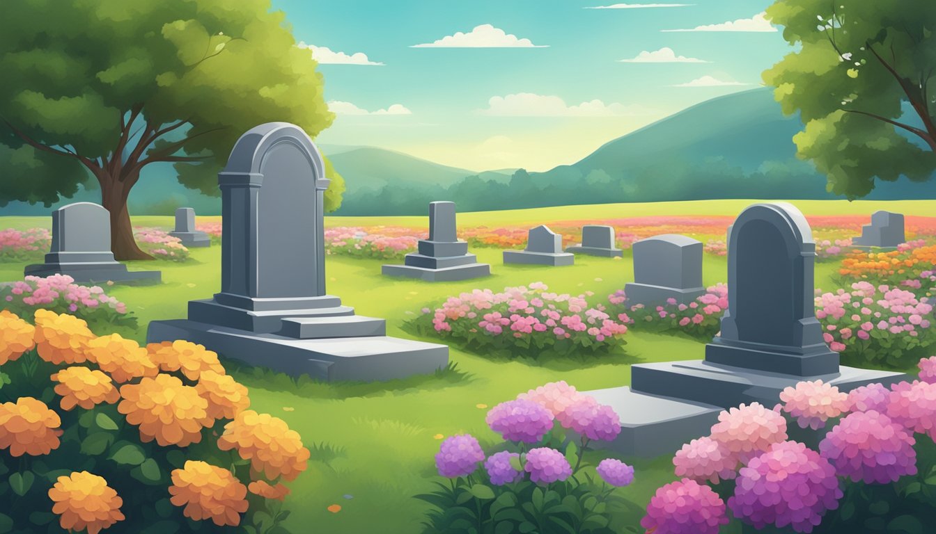 A peaceful cemetery with a lone gravestone surrounded by colorful flowers and a serene landscape