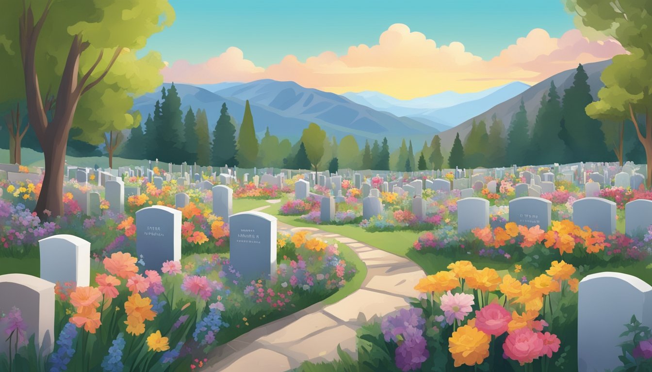 A serene cemetery nestled in the mountains of Utah, with rows of gravestones and colorful flowers adorning the burial plots