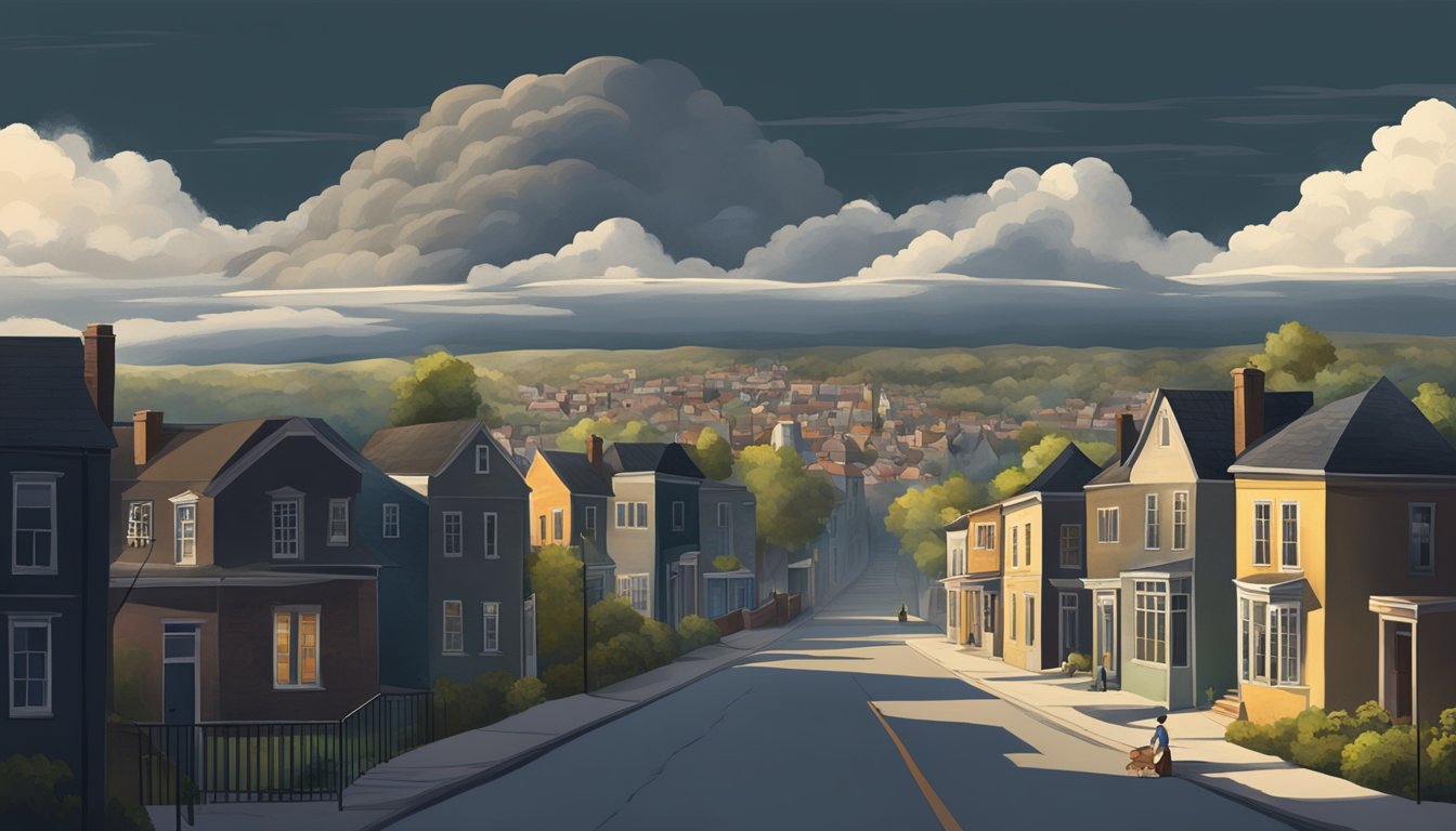 A shadow looms over a peaceful town as a dark cloud hovers above, casting a sense of foreboding and uncertainty