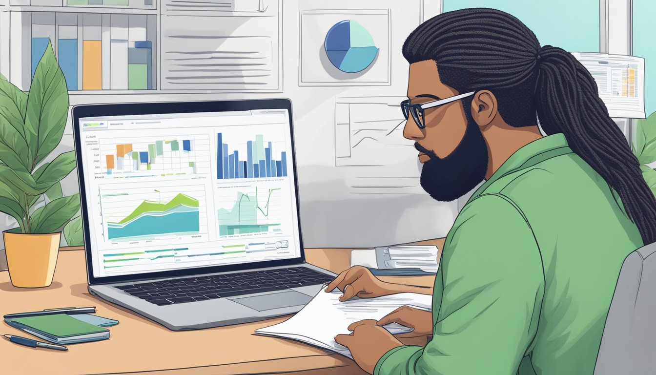 A person researching dread disease insurance with a laptop and charts