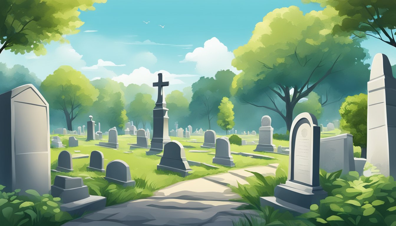 A serene cemetery with a peaceful atmosphere, featuring gravestones and lush greenery, with a clear blue sky overhead