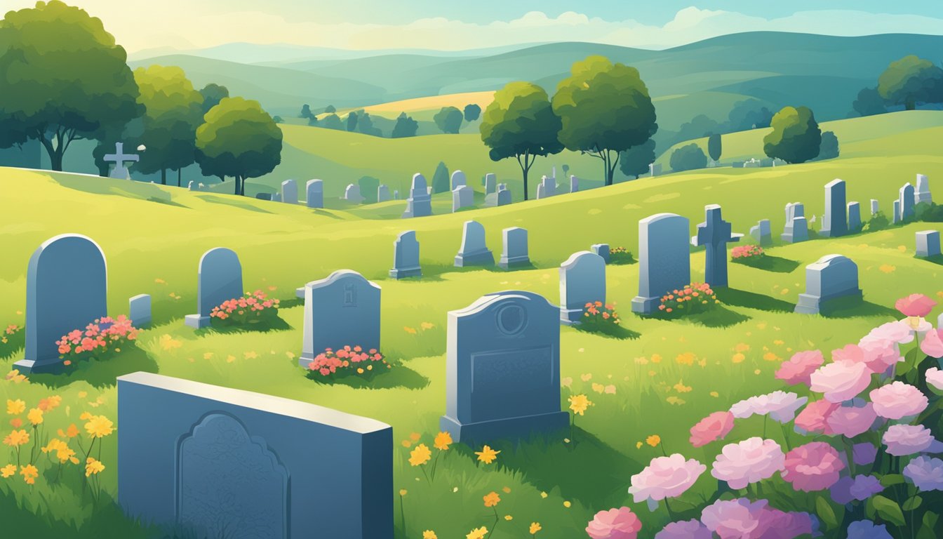 A serene cemetery with gravestones and flowers, set against a backdrop of rolling hills and a clear blue sky