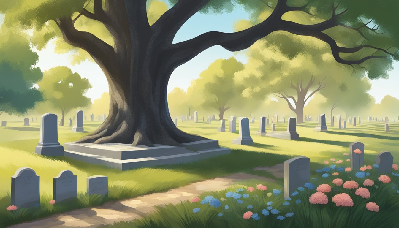 A serene cemetery in rural Texas, with rows of tombstones under the shade of old oak trees. A lone gravestone stands out, adorned with flowers and a small memorial plaque