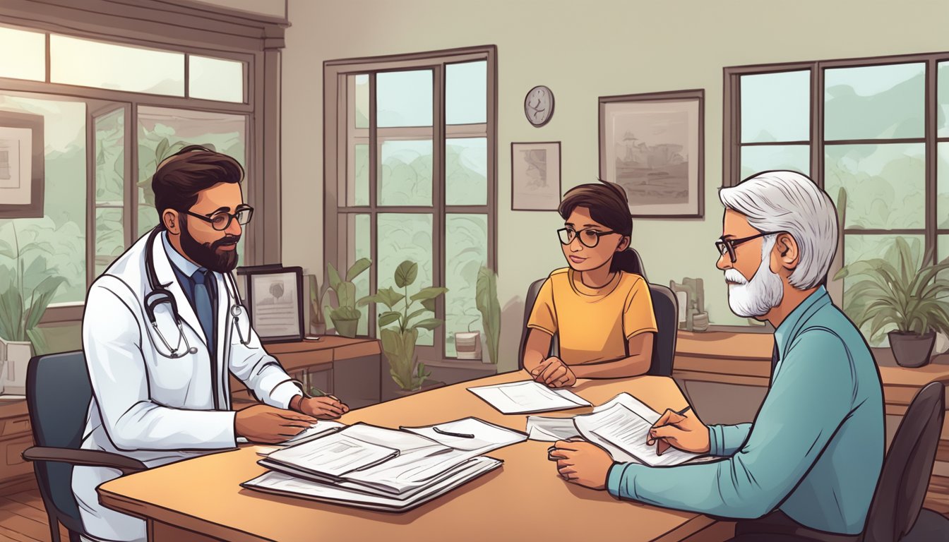 A doctor explaining benefits of a dread disease policy to a concerned family in a cozy office setting