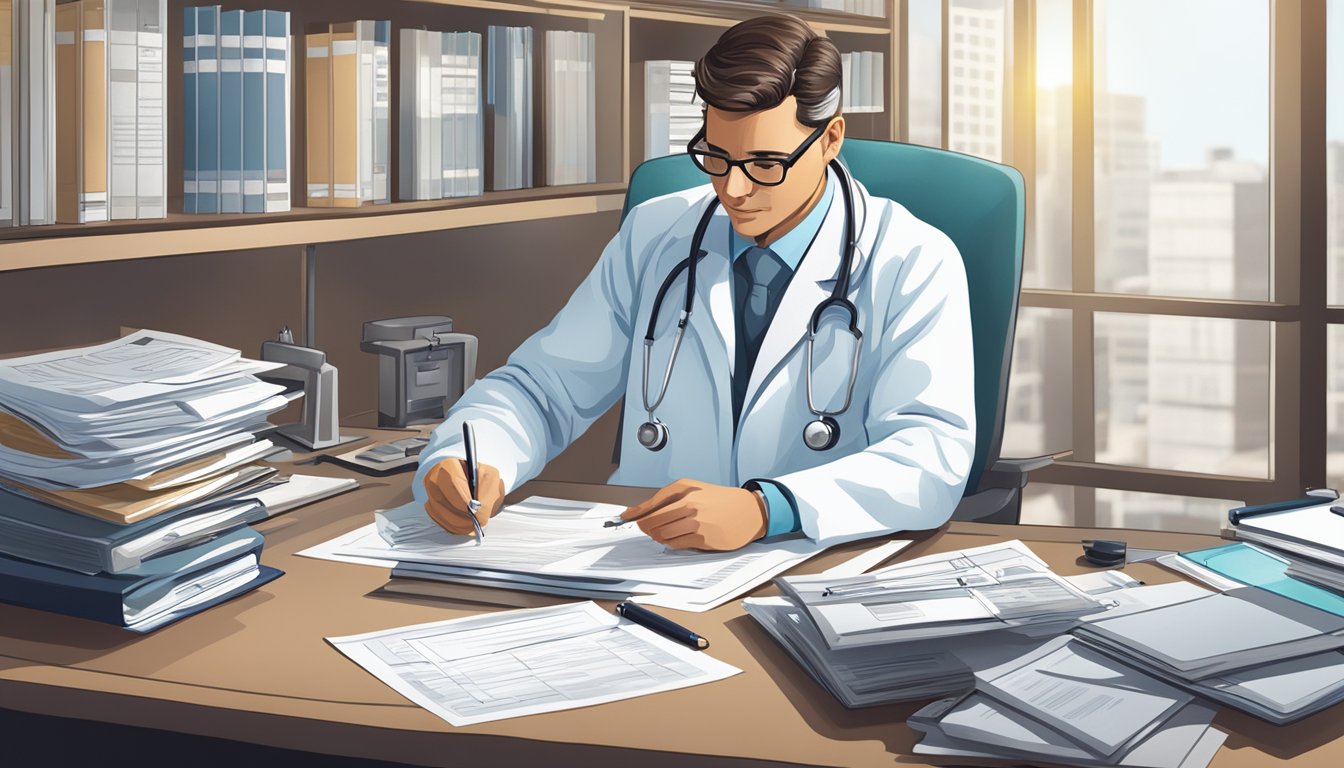 A doctor reviewing medical records and insurance forms at a desk