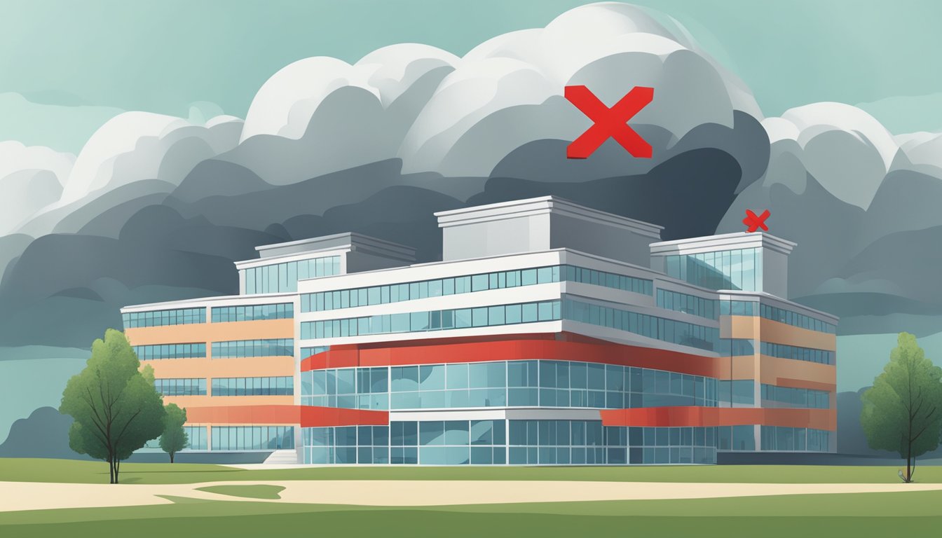 A dark cloud casting a shadow over a hospital, with a red "X" mark through a list of diseases