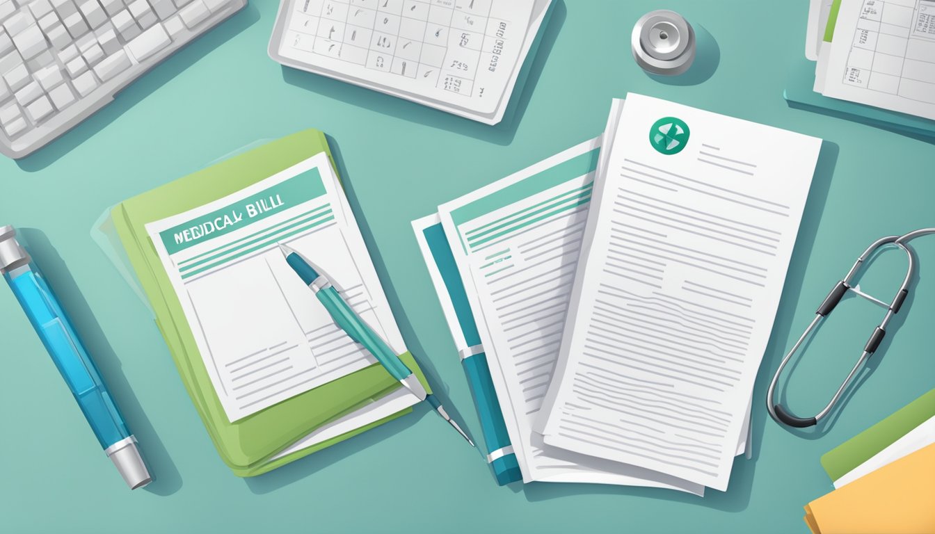 A stack of medical bills and a policy document on a desk