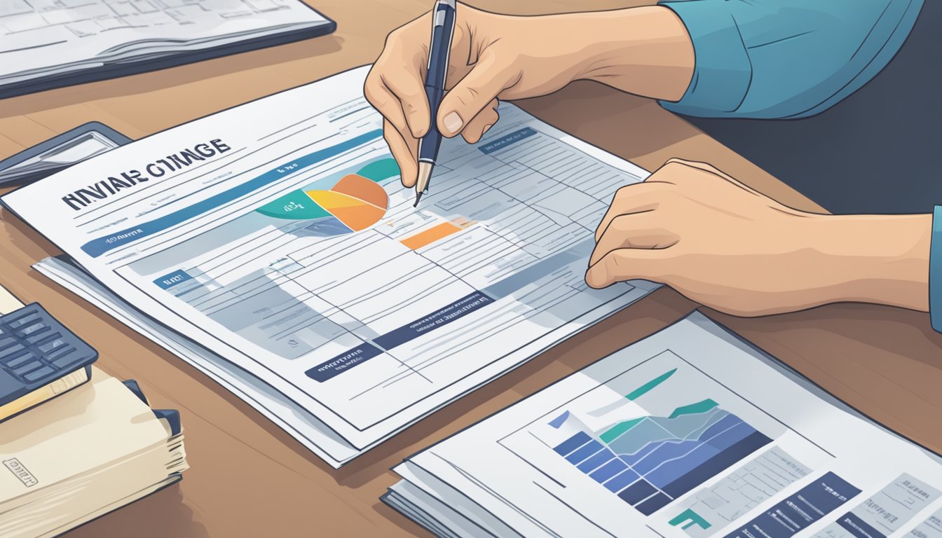 A person reviewing financial documents with a critical illness coverage brochure on the table