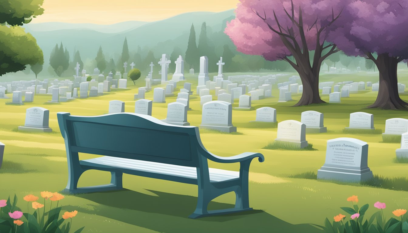 A serene cemetery with a peaceful landscape, a gravestone, and a funeral insurance brochure placed on a bench