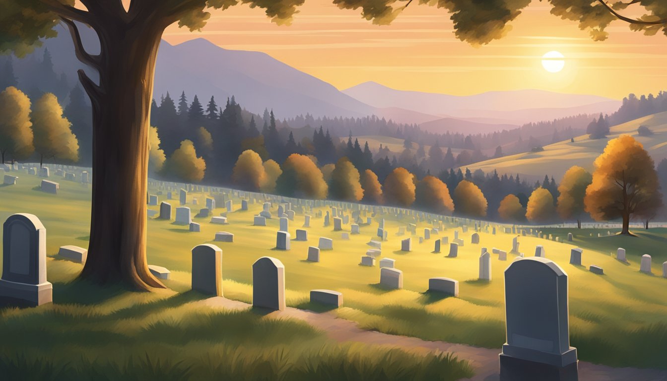 A serene landscape with a peaceful cemetery nestled among rolling hills and tall trees in Washington. The sun sets in the distance, casting a warm glow over the scene