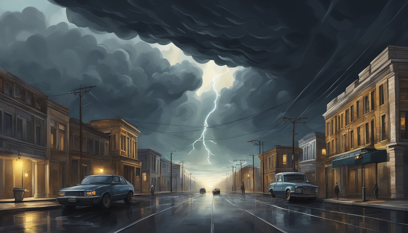 A dark storm cloud looming over a deserted city, casting an ominous shadow over the empty streets and buildings