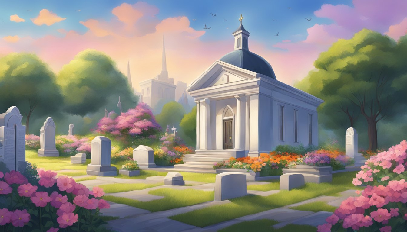 A serene cemetery with a colorful array of flowers and a peaceful atmosphere, with a small, quaint office building in the background