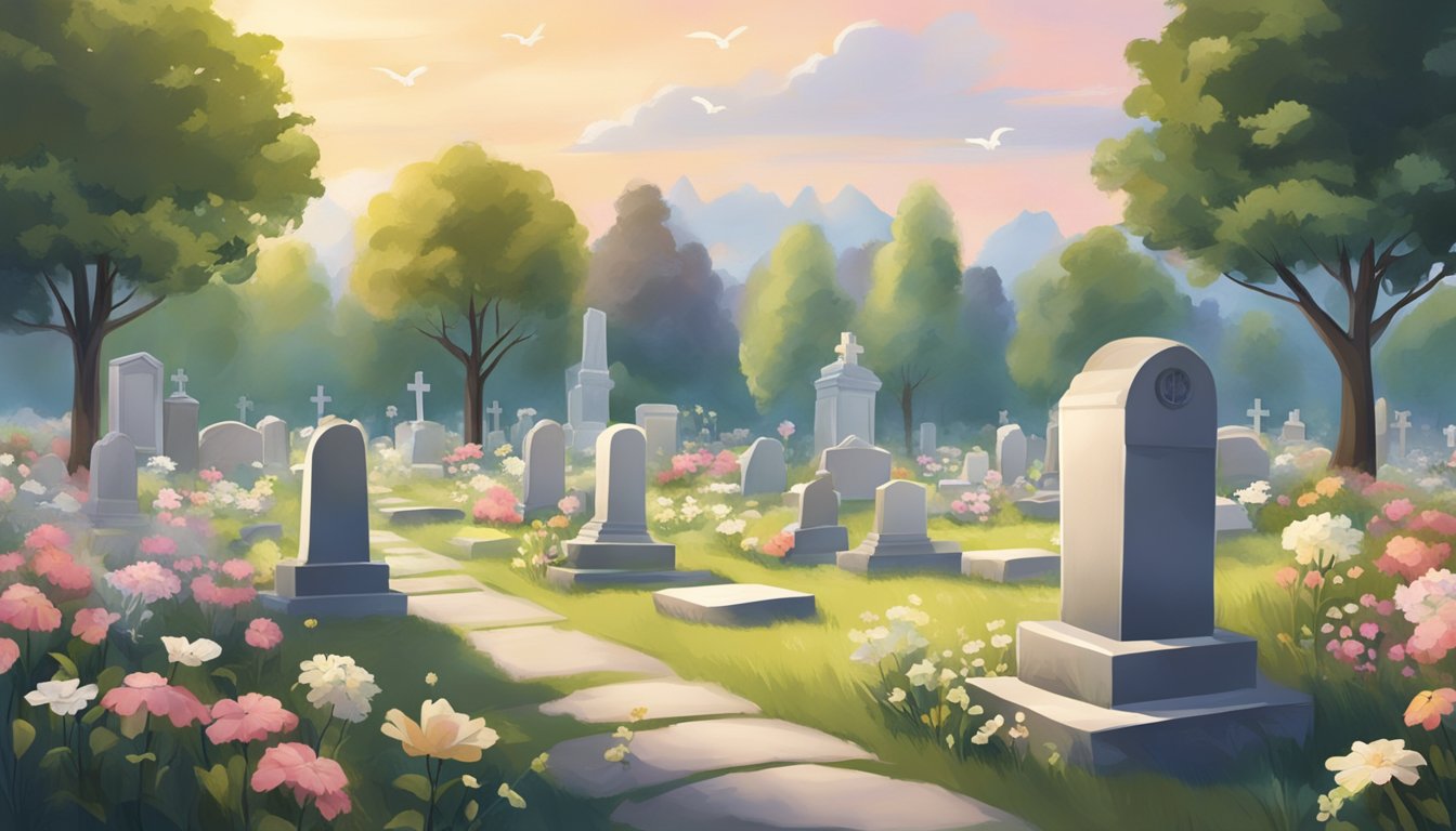 A serene cemetery with a peaceful atmosphere, featuring gravestones, flowers, and a gentle breeze