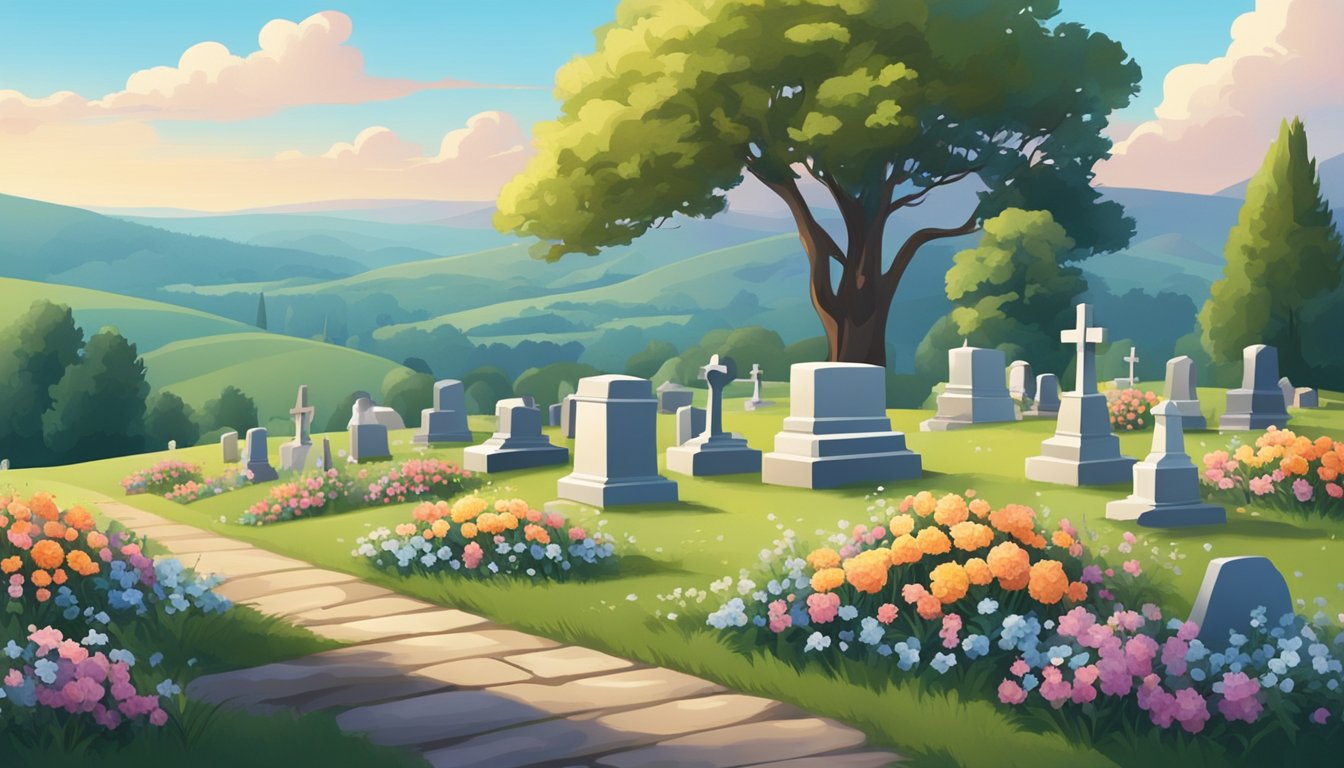 A serene cemetery with gravestones and flowers, set against a backdrop of rolling hills and a peaceful sky