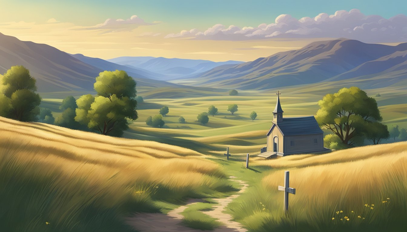 A serene landscape of the Wyoming countryside with a small, peaceful cemetery nestled among rolling hills and tall grass