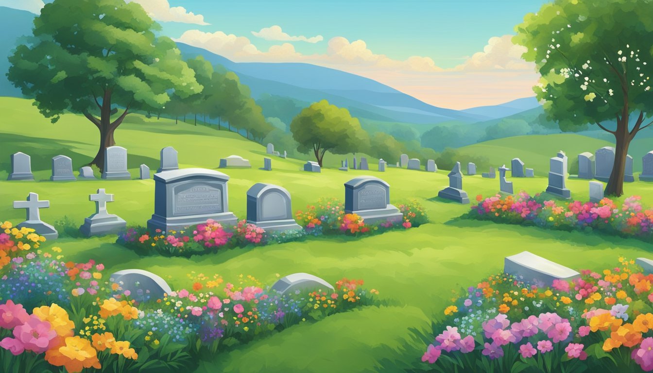 A serene cemetery nestled in the rolling hills of Virginia, with vibrant green grass and colorful flowers adorning the headstones. A peaceful setting for considering end-of-life expenses