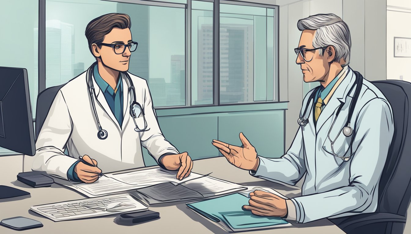 A doctor discussing a dread disease policy with a concerned policy holder in a modern office setting