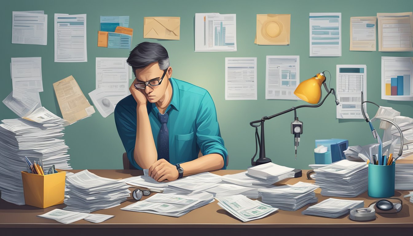 A worried figure surrounded by financial documents and medical equipment