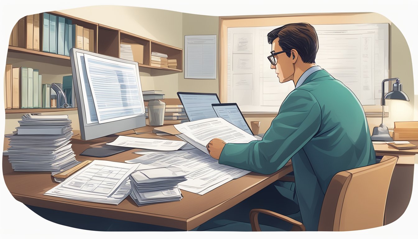 A doctor reviewing medical records and insurance documents at a desk in a well-lit office