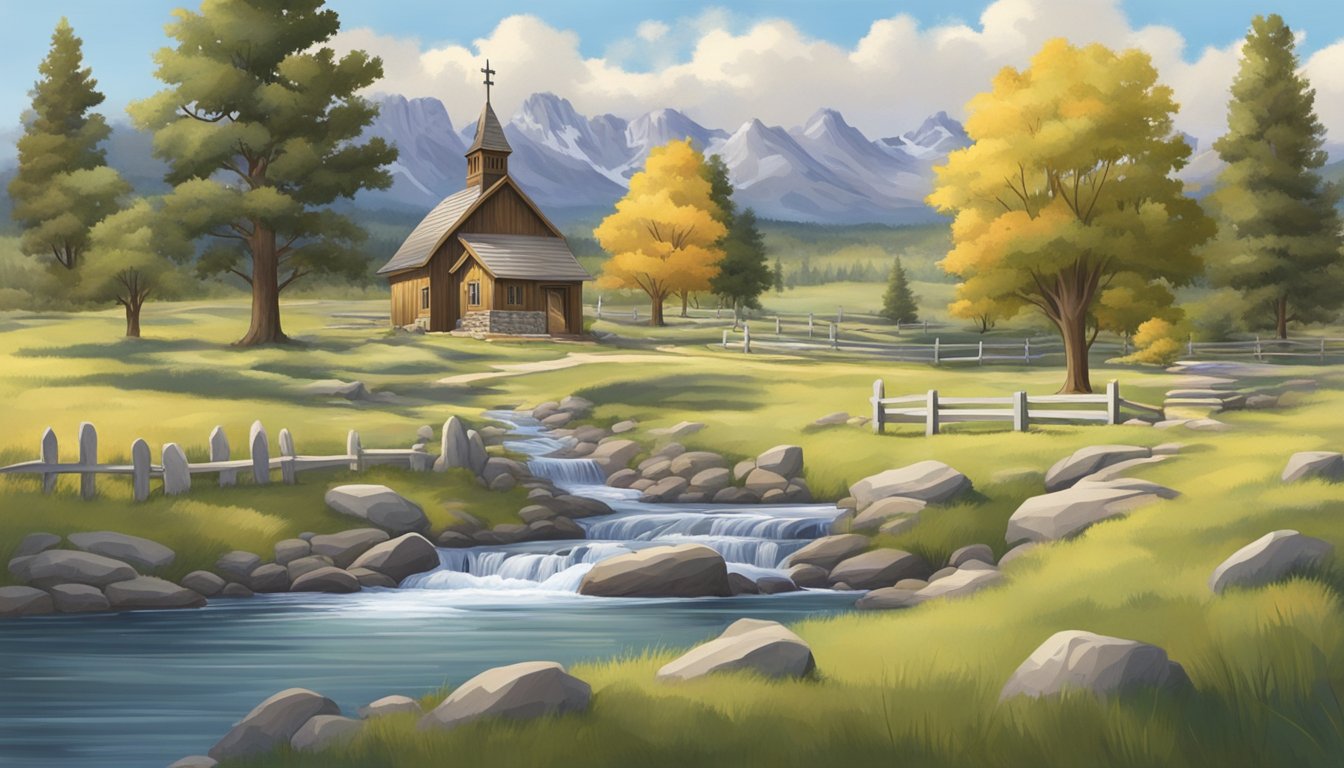 A serene landscape in Wyoming with a peaceful cemetery, a small chapel, and a gentle stream flowing nearby