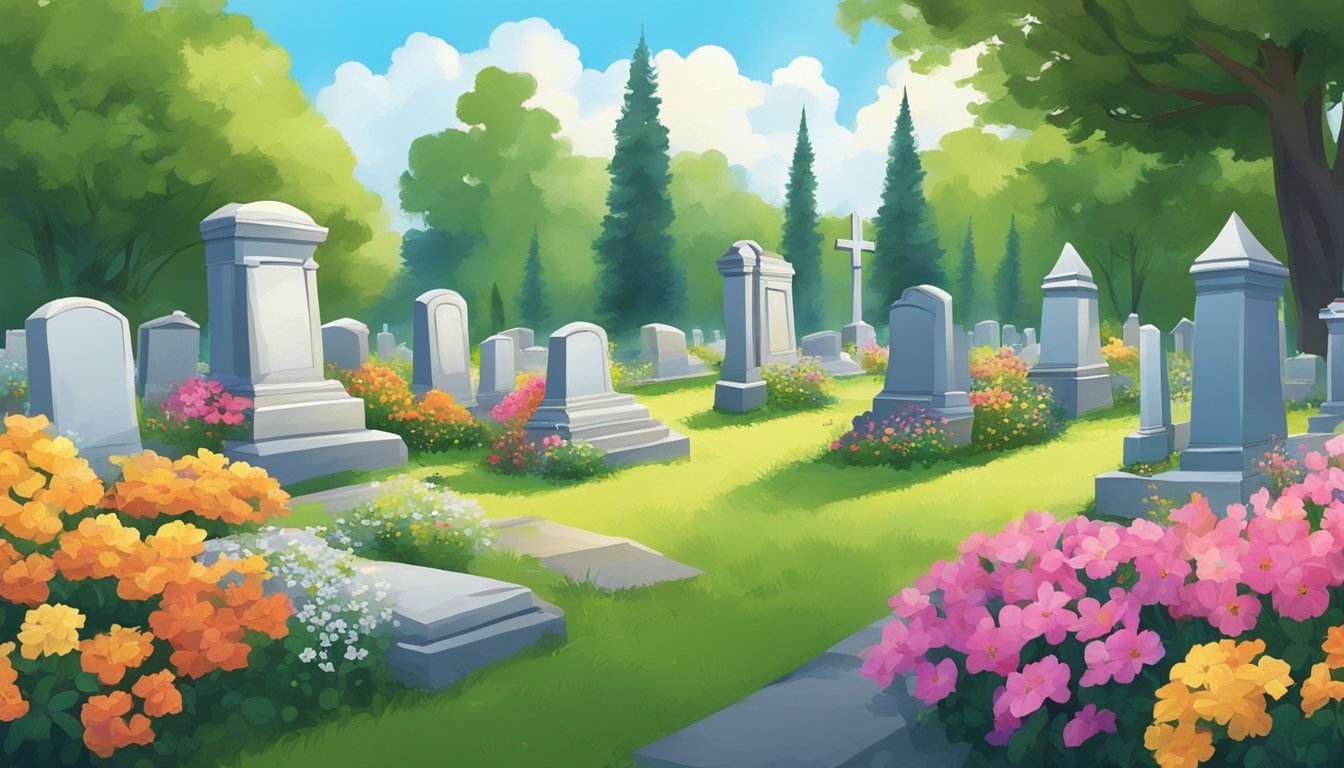 A serene cemetery with a row of tombstones under a clear blue sky, surrounded by lush greenery and colorful flowers