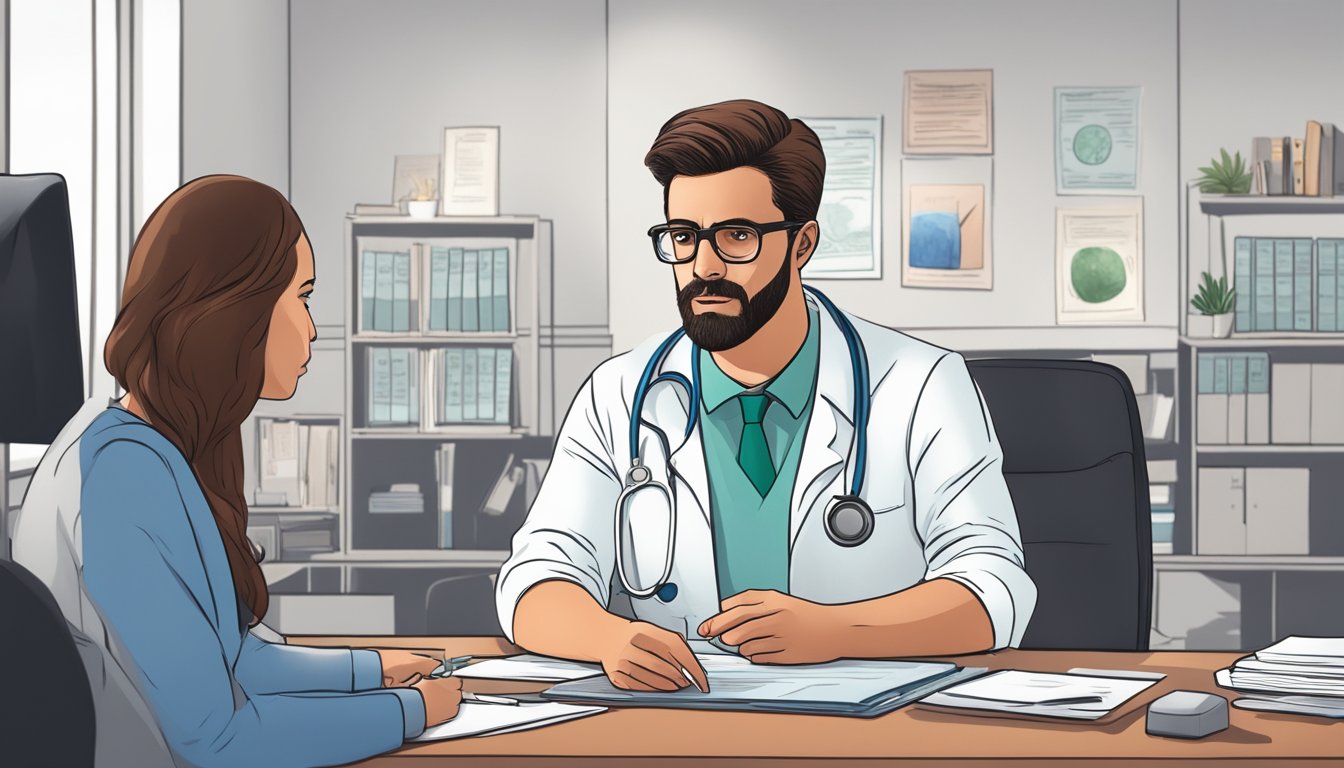 A doctor explaining dread disease policy to a worried patient in a modern office setting