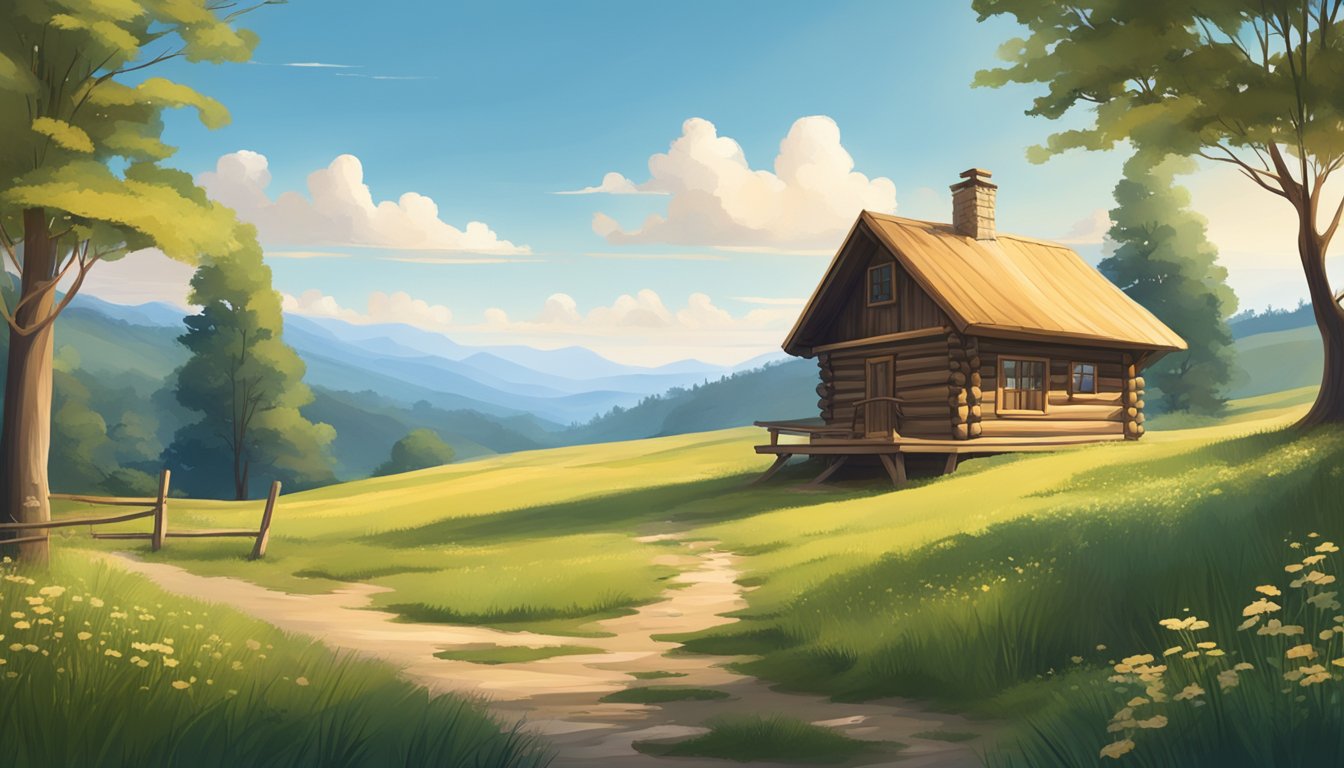 A serene landscape with a small, rustic cabin and a peaceful meadow surrounded by rolling hills and a clear blue sky