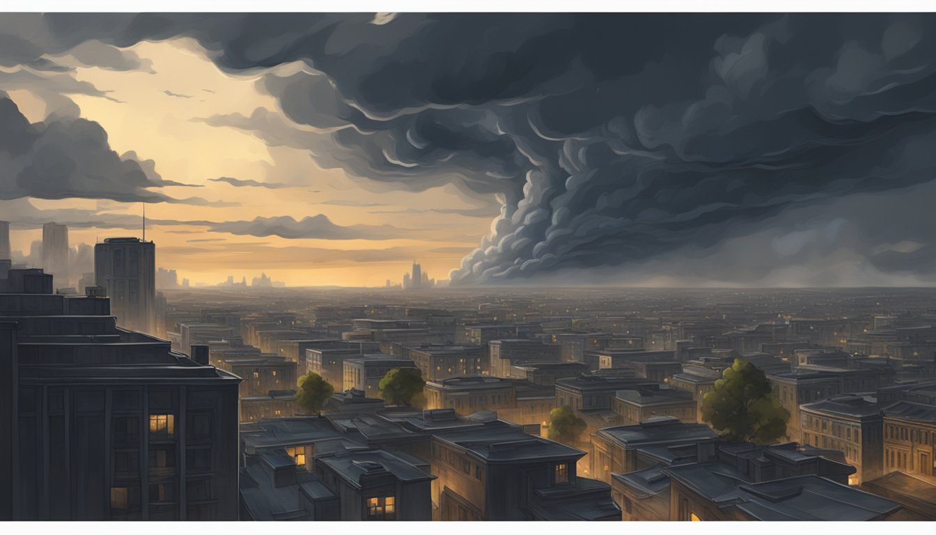 A dark, ominous cloud looms over a deserted city, casting a sense of fear and uncertainty