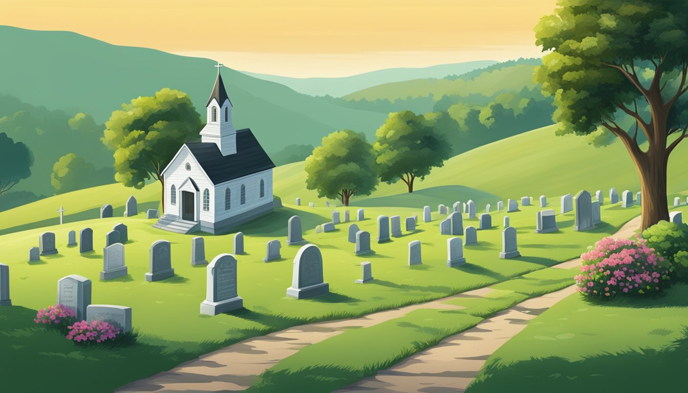 A serene landscape with a peaceful cemetery nestled among rolling hills in Tennessee. A small chapel and gravestones dot the green expanse