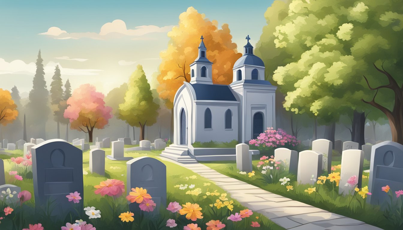 A serene cemetery with gravestones and flowers, a small chapel in the background