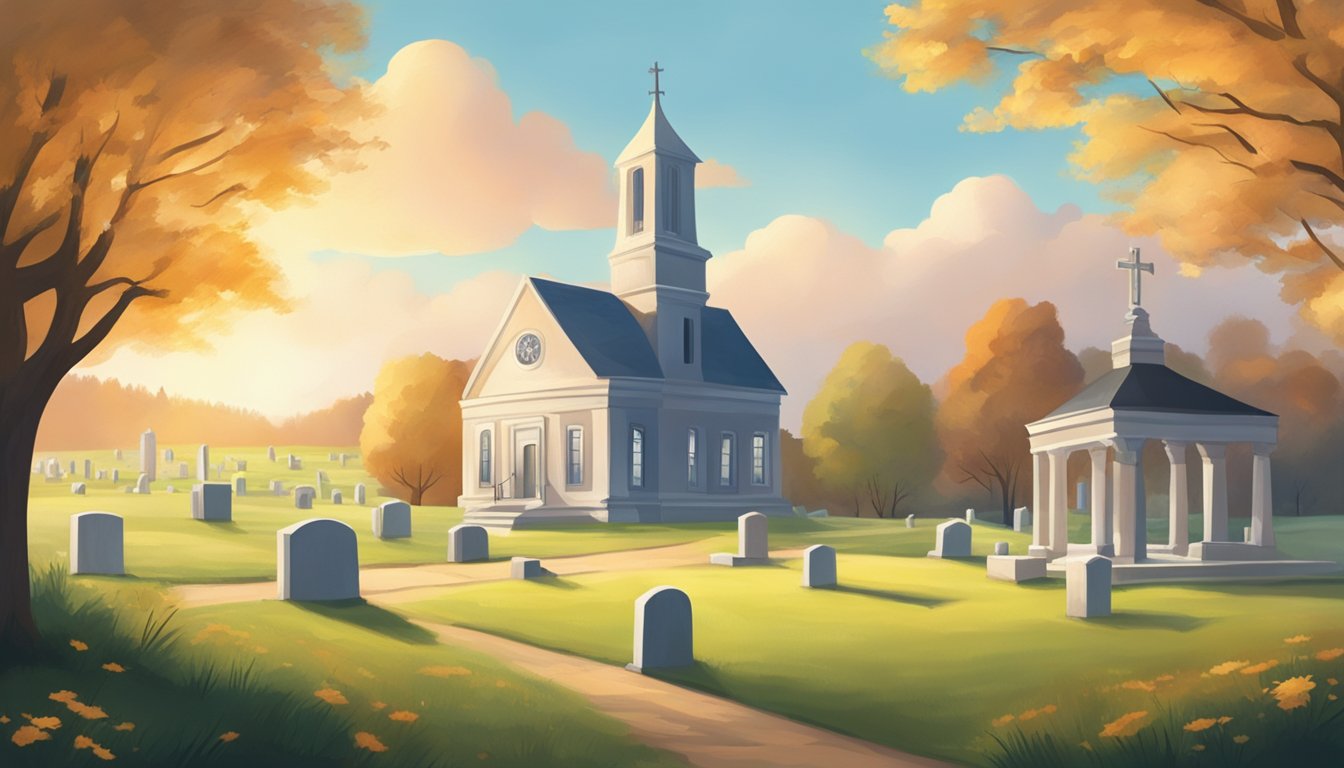 A serene countryside landscape with a peaceful cemetery and a warm, comforting atmosphere. A small burial insurance office is nestled in the background