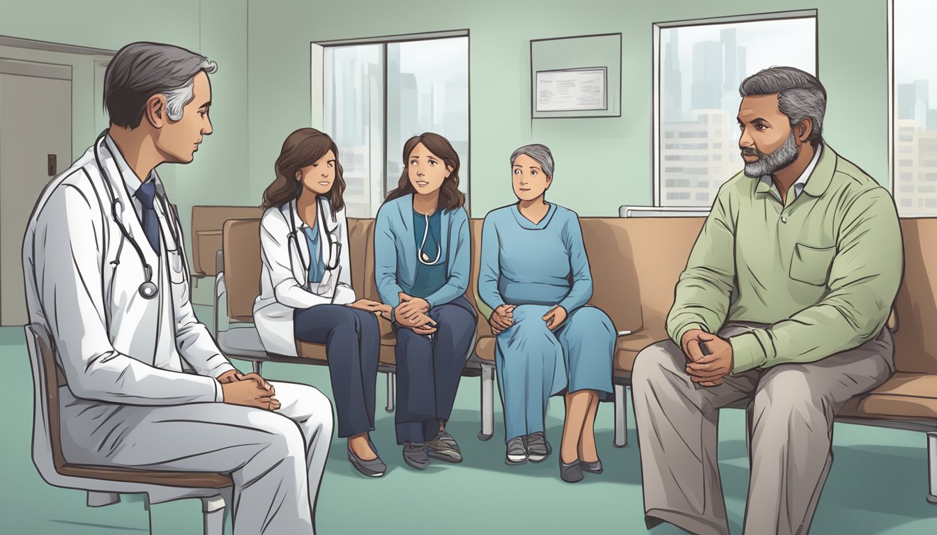 A doctor explaining a dread disease policy to a concerned family in a hospital waiting room