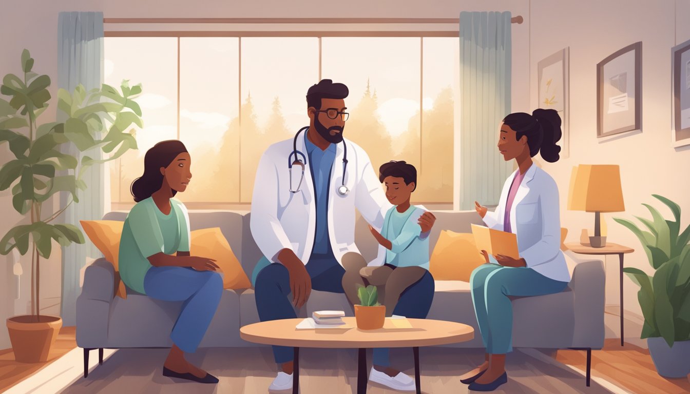 A doctor in a white lab coat explaining dread disease insurance to a concerned family in a cozy living room