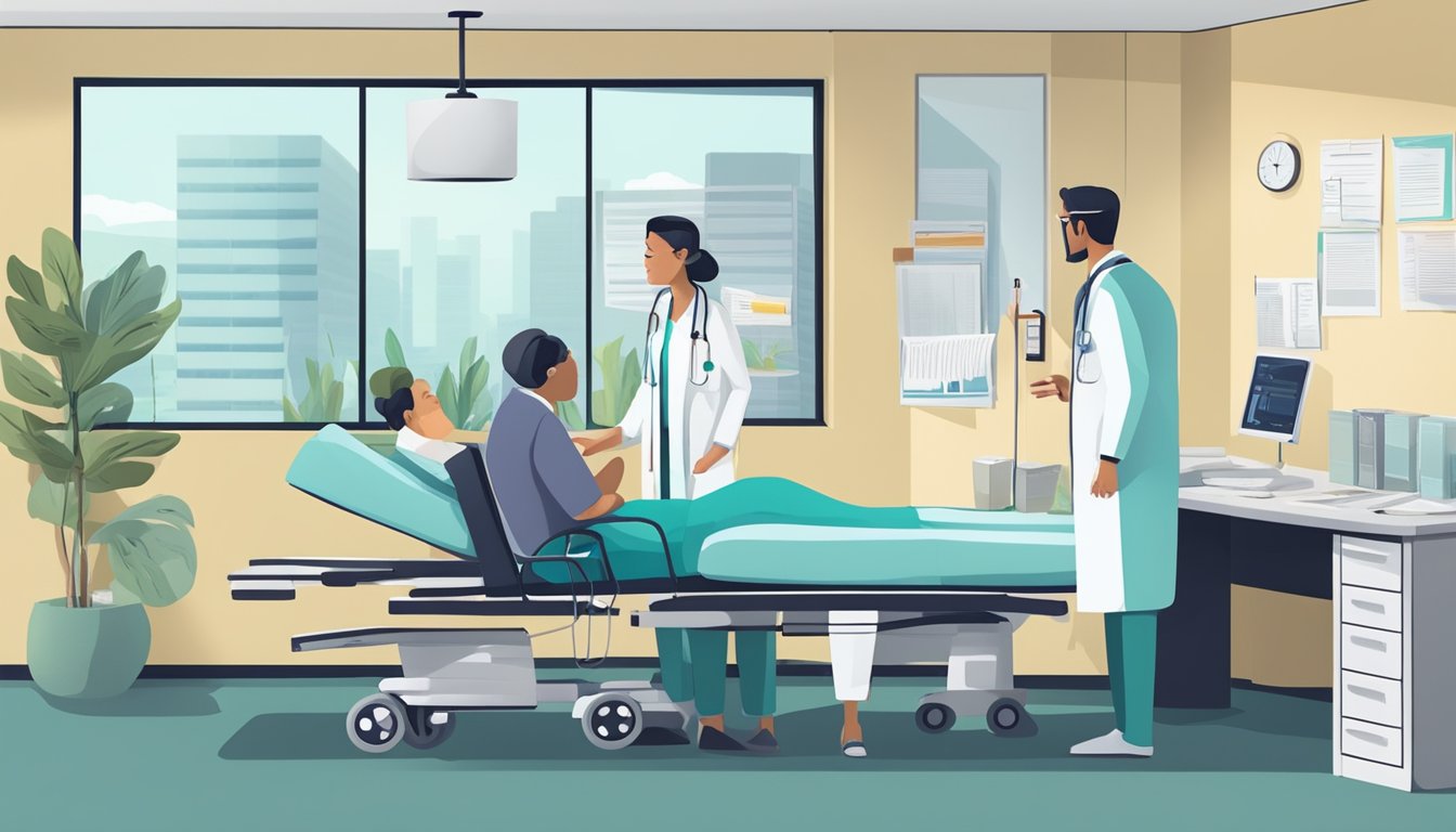 A hospital room with a worried family member receiving news from a doctor. A policy document and financial paperwork on a table