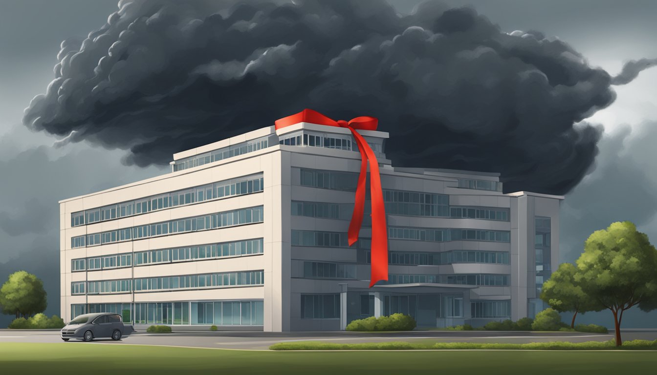 A dark storm cloud hovers over a hospital, casting a shadow on the building. A red ribbon symbolizing dread diseases is tied around the structure