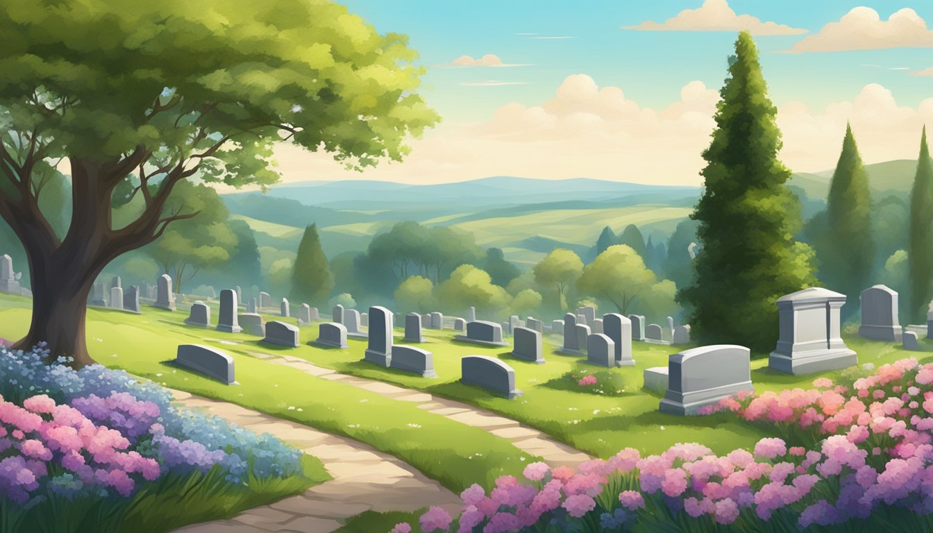 A serene landscape with a peaceful cemetery nestled among rolling hills, surrounded by blooming flowers and tall trees