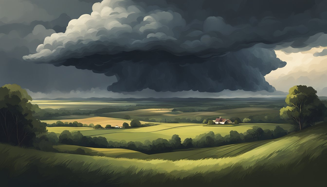 A dark storm cloud looming over a serene countryside, casting a sense of foreboding and uncertainty