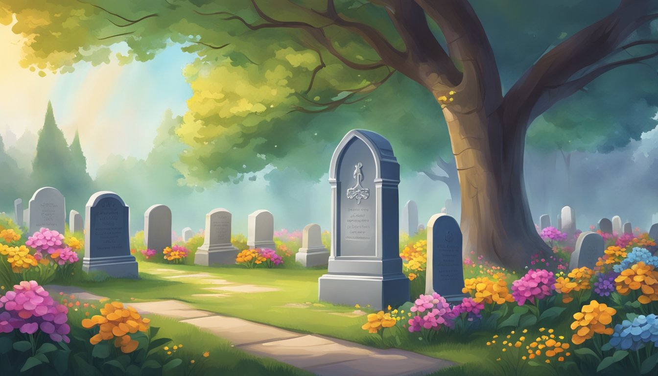 A serene graveyard with a single headstone, surrounded by colorful flowers and a peaceful atmosphere