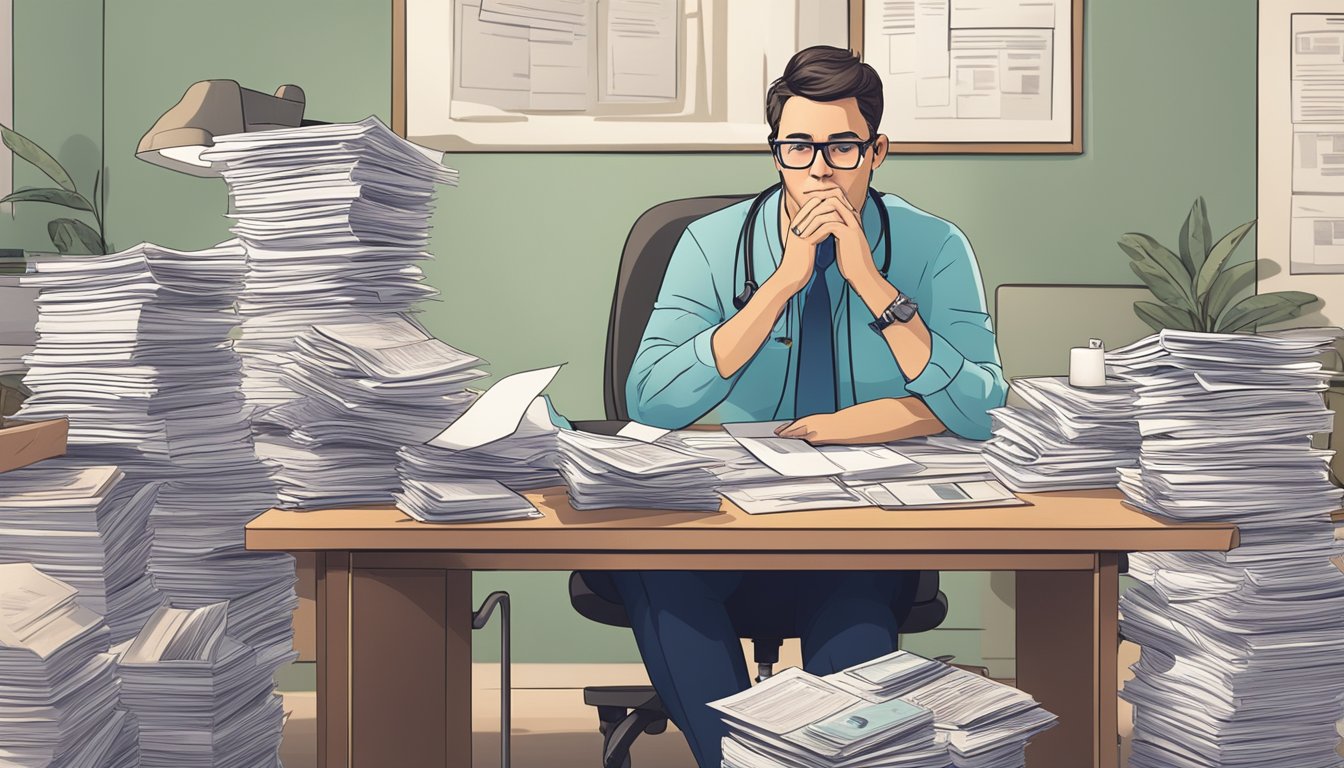 A person sitting at a desk surrounded by medical documents and insurance papers, looking worried and contemplating their options