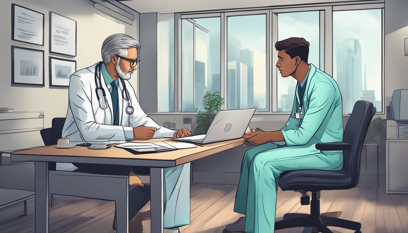 A doctor discussing dread disease insurance with a concerned patient in a modern office setting