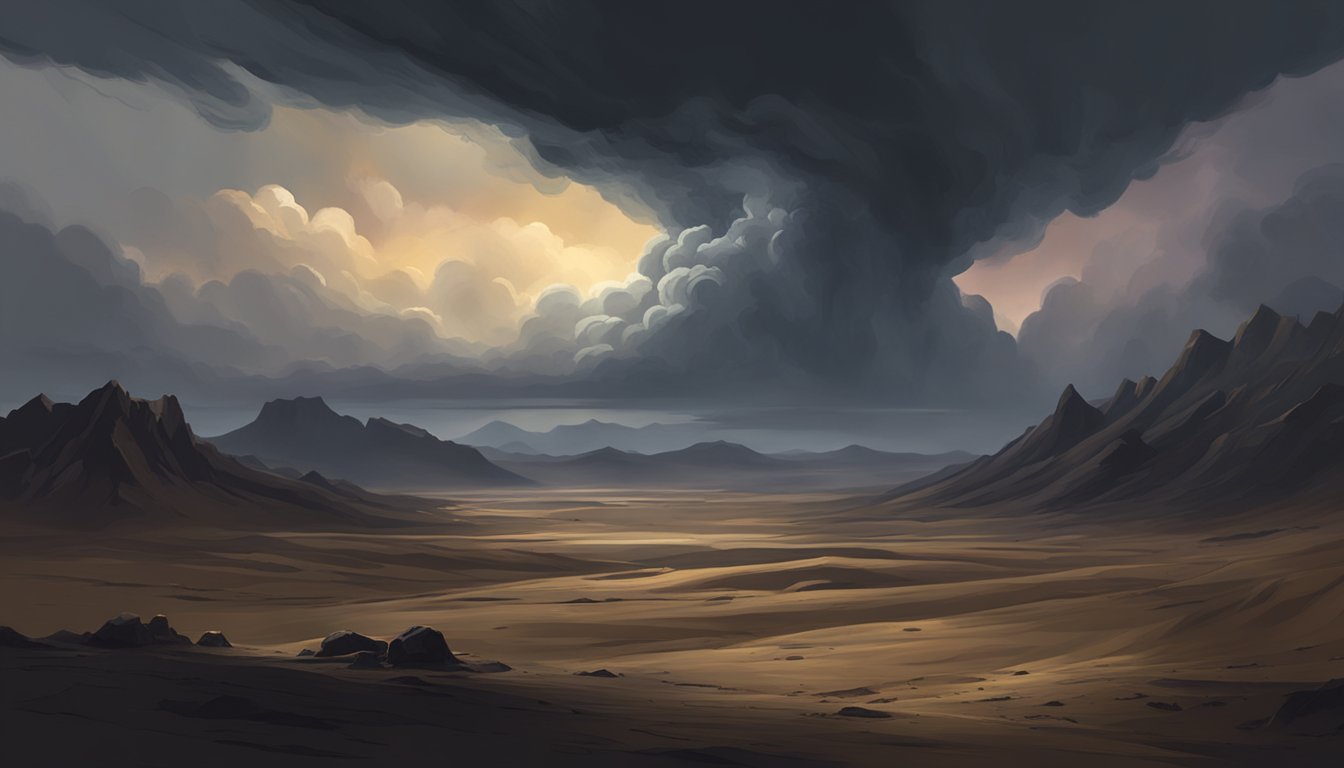 A dark, ominous cloud looms over a shadowy landscape, casting an eerie glow on a barren, desolate terrain